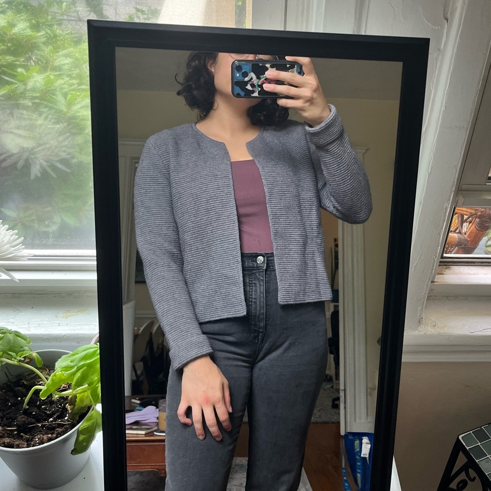 textured gray cardigan